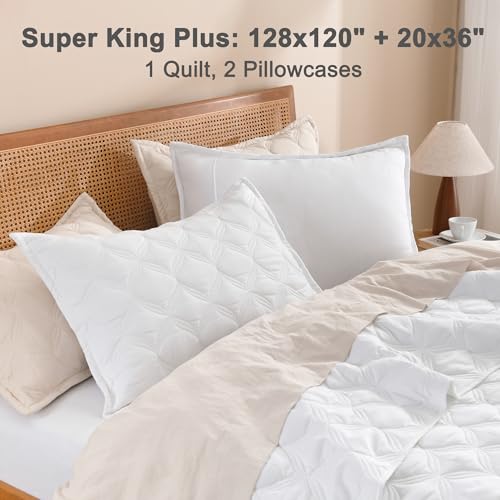 Image of Litanika Oversized King Bedspreads 128x120 Quilt Set - 3 Piece White Lightweight Comforter Coverlets Bedding Cover Bed Decor All Season(Super King Plus - 1 Quilt, 2 Pillowcases)