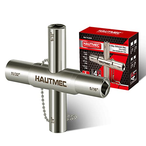 HAUTMEC 4 Way Sillcock Water Key 1/4 9/32 5/16 11/32 Steel Multi-Function Utility Key for Sillcocks Faucets Valves Spigots PL0028