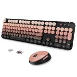 SkyGive Wireless Keyboard and Mouse Combo, Ergonomic Full Size Typewriter Retro Round Keycaps Keyboard, Compatible with Windows, PC, Perfer for Home and Office Keyboards (Aurora Red)