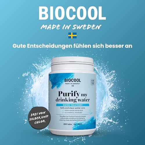 Biocool Wasserreinigungstabletten – Packung mit 250 Tabletten für bis zu 1.250 Liter Trinkwasser | Ideal für Camping, Wandern, Wohnwagen und Notfälle | 1 Tablette reinigt 5 Liter