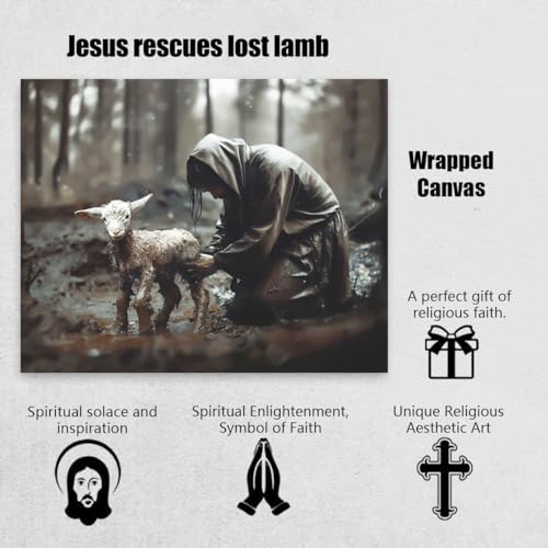 Image of GUN SUPPLIES OUTLET LLC Jesus and Lamb Canvas Art Jesus Rescues Lost Lamb 8x10 inch Christian Living Room Wall Art
