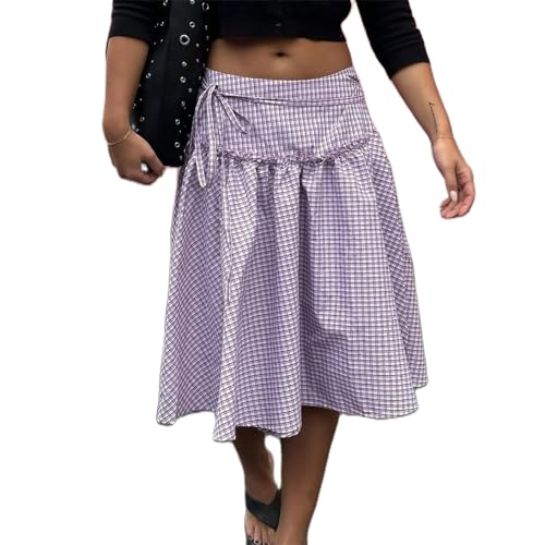 Women Plaid Maxi Skirts Y2K High Waist Vintage A-Line Pleated Gingham Academia Style Pleated Midi Skirts