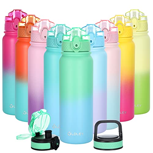 Oldley Insulated Water Bottle with Straw 20oz Stainless Steel Water Bottles with 3 lids Double-Wall Vacuum Thermal for Kids Adults School Sports,Light-Green-Blue