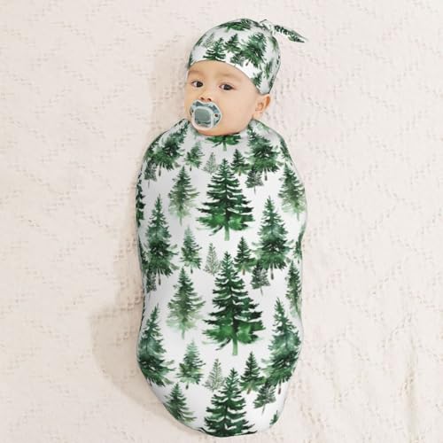 Image of Green Watercolor Tree Newborn Swaddle Blanket with Beanie Hat Set Baby Receiving Blankets Soft Swaddle Swaddle Blankets for Baby Boys and Girls