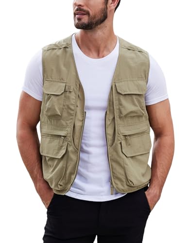 Gihuo Men's Utility Fishing Vest Lightweight Outdoor Work Safari Travel Cargo Vest with Multi-Pockets (US, Alpha, X-Large, Regular, Regular, Khaki)