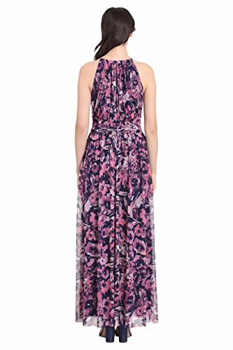 Image of London Times Women's London Times Mesh Halter Maxi Dress with Ruched Waistband Flowy Bohemian Beach Dresses