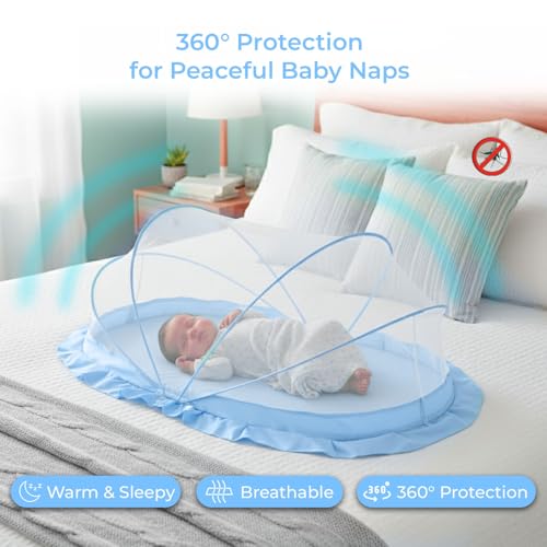 Image of SafeMyles Foldable Baby Mosquito Net with Bed | Soft & Breathable Polyester Mesh with Elegant Round Frill | Ideal for Newborns, Infants & Toddlers (Blue, 90x50x50 cm)