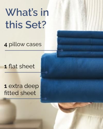 Image of King 6 Piece Bed Sheet Set - Comfy, Breathable & Cooling Sheets - Dark Blue