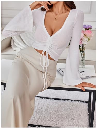 Image of SweatyRocks Women's Adjustable Drawstring String Long Bell Sleeve Rib Knit Sexy Crop Top
