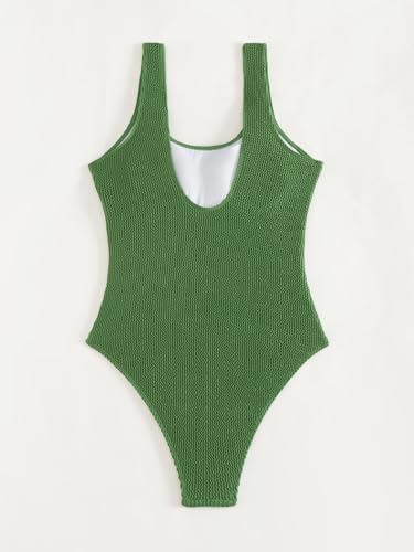 Image of Limeeke Women One Piece Swimsuit Solid Ribbed Monokini Swimwear Scoop Neck Low Back Bathing Suit