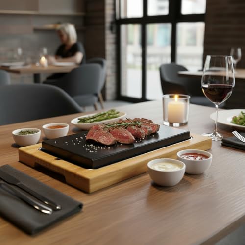 BEEFSTONE Heißer Stein Lavastein Steak-Brett extra groß Hot Stone Steingrill Set aus Bambusbrett Lavastone und Porzellan-Platte, Fleisch, Fisch grillen auf heißem Stein (XXL)