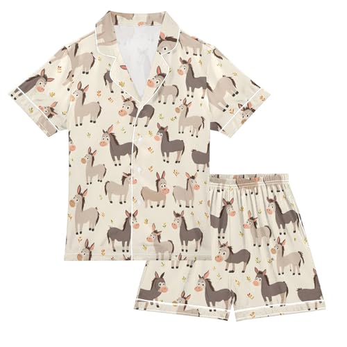 Cute Donkey Pattern Pajamas Set Summer Button Down Sleepwear Pjs Sets Comfy Loungewear