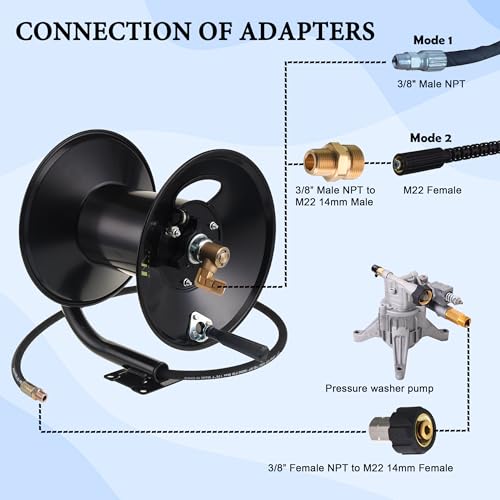 M MINGLE High Pressure Washer Hose Reel 150ft, Heavy Duty Steel Hose Reel, Manual Crank Power Washer Hose Reel with 3/8" Pressure Wash Whip Hose, Swivel Arm and Mounting Bracket, 4000 PSI