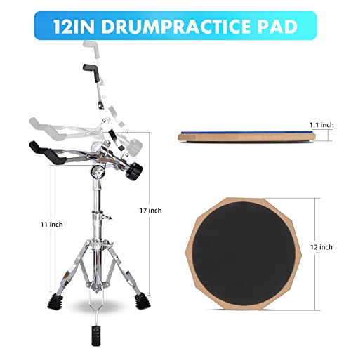 Image of GrowDaily Drum Practice Pad Snare Drum Stand Set 12 In With Blue Double Sided Silent Drum Pad,Drum Dampeners Gel, Drum sticks,Carrying Bag Adjustable Stand(Fits 10''-14'' Drums) (Blue)
