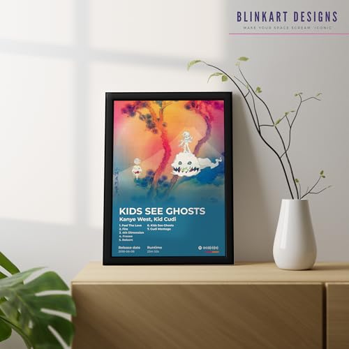 Image of BLINKART KidCudi- KIDS SEE GHOSTS Wall Photo Frames | Wall Art for Bedroom, Living Room, Studio or Office | Album Cover Print with Spotify Song Link QR Code | Gift for Fans - 8x12 In