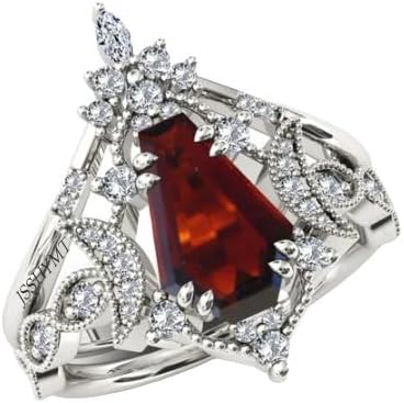 “Vintage Red Garnet Coffin Shaped Engagement Ring Set – 925 Sterling Silver Art Deco Wedding & Statement Rings for Women”