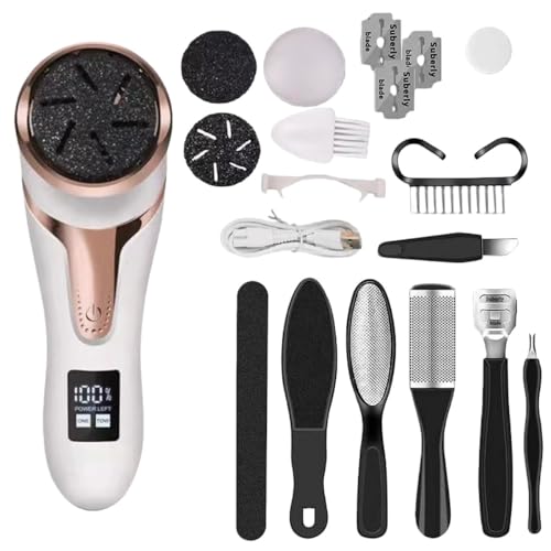 BtcFu足の角質除去、掃除機、研磨機、電動、水洗い可能、充電式、自動角質除去ペディキュアマシン (ホワイトデジタルディスプレイ+10点セット)