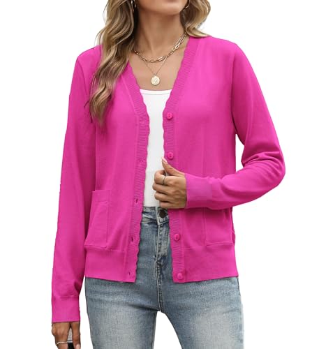 AGSEEM Womens Long Sleeve V Neck Button Up Lightweight Cardigan with Pockets Knit Open Front Sweaters