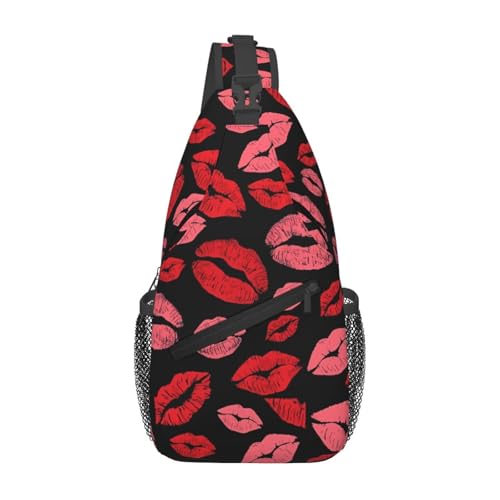 Red Valentines Lips Crossbody Bag Cross Chest Bag Adjustable Sling Backpack Sports Gym Shoulder Bags Travel Cycling Daypack Diagonally Casual Rucksack