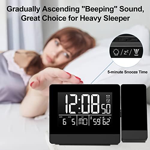 Geevon Projection Alarm Clock,Indoor Thermometer Hygrometer Digital Clock Ceiling Projector for Bedroom and Office,12/24H, Snooze, Dual Alarms,3 Levels of Brightness,USB Phone Charger