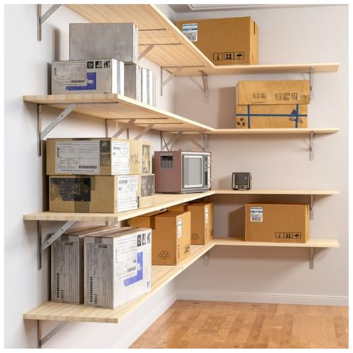 Wood Floating Shelves Wall Mounted Storage Rack for Garage Heavy Duty Bookshelves Organizer for Farmhouse Kitchen Basement Shelving with Space Saving Design.