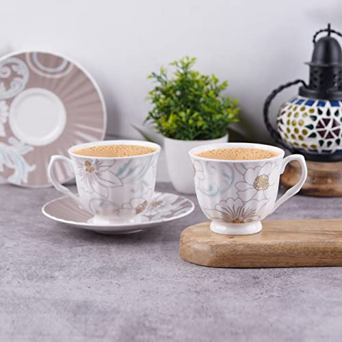 Image of Dandy Lines Classic Jodhpur Design Cup and Saucer Set, Ceramic, Pack of 12, Microwave & Dishwasher Safe, Great for Hosting & Gifting