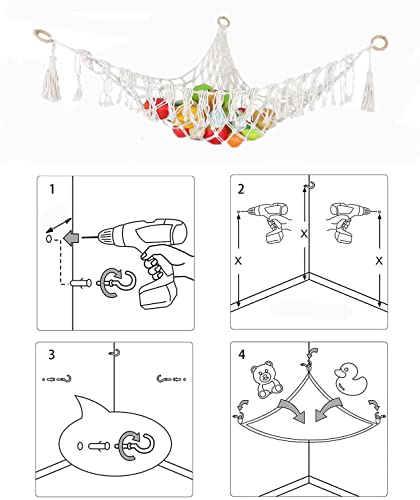 Trasun Stuffed Animal Hammock Toy Net Plush Toy Hanging Organizer With Macrame Tassels Stuffed Animal Holder Display Corner Boho Large Storage Mesh Net For Playroom Bedroom (40" X 40" X 60", White) #TOP6