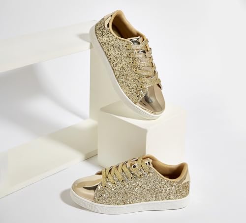 Image of LUCKY STEP Glitter Shoes Sparkly Bling Shiny Bedazzled Lace up Fashion Sneakers for Women