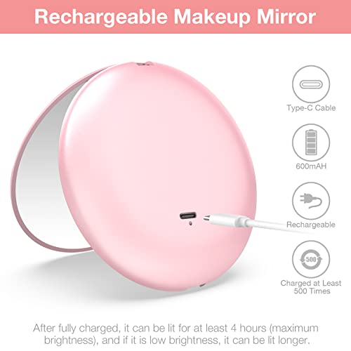 Wobane Led Lighted Compact Makeup Mirror, Rechargeable Travel Magnifying Mirror, Handheld Purse Mirror, 1X/ 10X Magnification, Folding Travel Mirror With Light, 4” Round,Portable,Pink, Sweet Gift #TOP2
