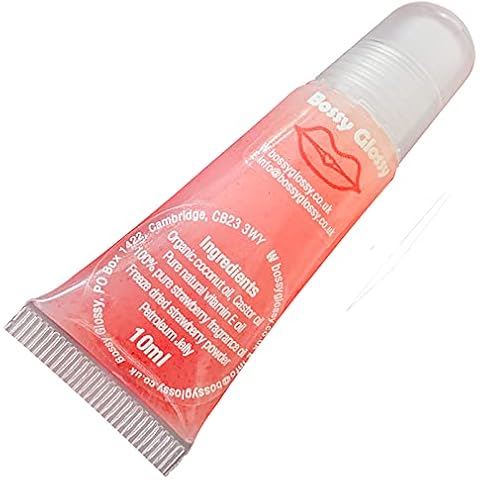 Bossy Glossy Strawberry Lip Gloss - For Kissable, Plump Looking Lips - With Vitamin E & Plant Oils - Organic & Natural - 10ml Cover