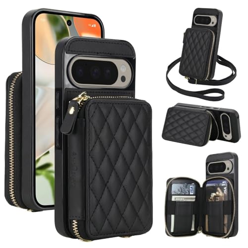 Étui portefeuille Google Pixel 10 5G noir en cuir avec fermeture éclair intégrée