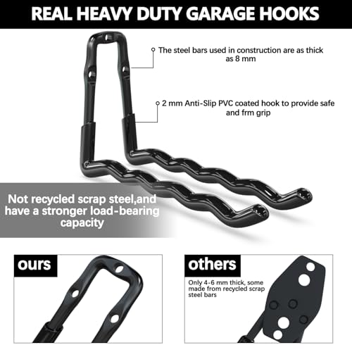 Image of 3-H Super Heavy Duty Garage Wall Hooks 18 Pack, One-Piece Construction Garage Wall Hooks, Garage Hanger & Organizer Wall Mount for Ladders, Bikes, Chairs, WeedEaters, Shovels, Garden Tools (Black)