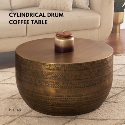 Modern Round Aluminum Hammered Embossed Texturing Metal Drum Coffee Table, Hand-Stamped Iron, Boho Accent Cylinder Drum Coffee Table, Cocktail Table, for The Living Room and Bedroom, Brass - Image 4