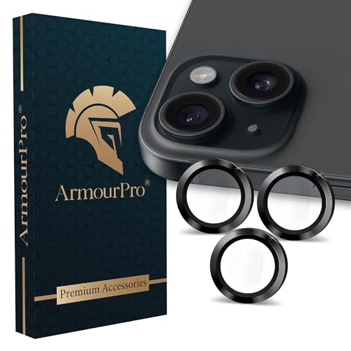 Image of ArmourPro Premium Camera Lens Protector Tempered Glass Compatible For iPhone 15 and iPhone 15 Plus Tough HD Individual Aluminum Alloy Rings 9H Camera Cover , Scratch-Resistant,Camera Lens Protection| Black