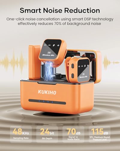 Image of Wireless Lavalier Microphone for iPhone iPad Android with Charging Case 80h Battery Life, Noise Cancellation, 164ft Range Plug-Play Clip On Lapel Mic for YouTube, Video Recording, Vlog (Orange