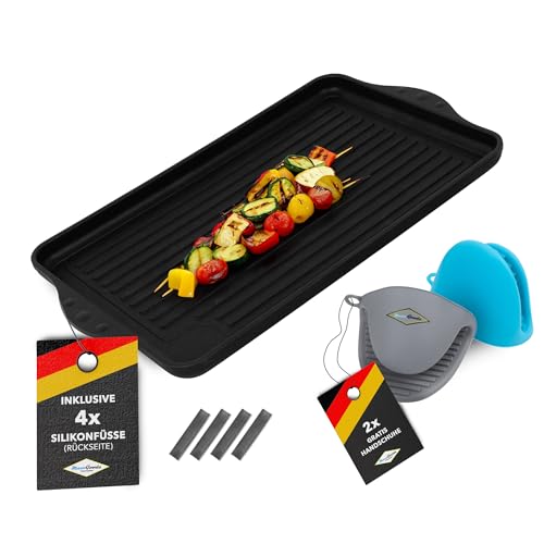 MaxxGoods - Aluminiumguss Grillplatte komplett gerippt - 43x28x2,5cm - für Induktion & alle gängigen Herdplatten - Keramikoberfläche - Antihaftversiegelung - Made in Germany - PFOA Frei