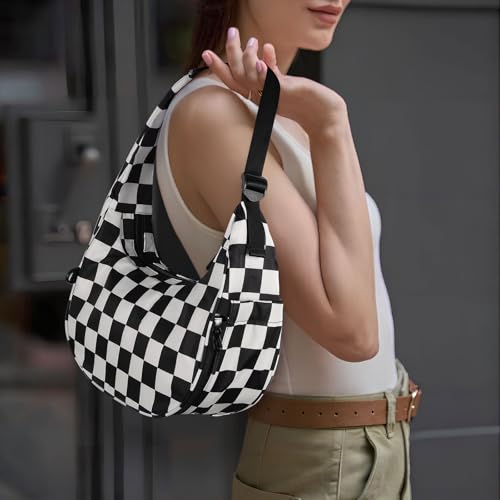 Checkered Shoulder Bags for Women Nylon Hobo Handbag Checkered Purse Crescent Bag for Travel Sports3