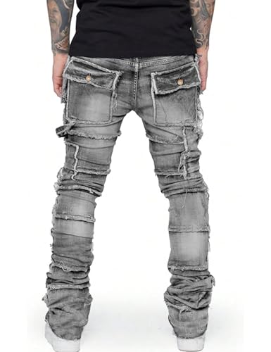 Mens Stretch Slim Fit Jeans Ripped Stacked Pant Straight Leg Cargo Jeans Hip Hop Distressed Pant Trousers2