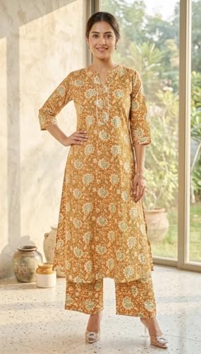 Image of ???? Women s Cotton A-Line Kurta Palazzo Set | Printed Ethnic Co-Ord Set for Office Wear & Festive Look | Comfortable Breathable Fabric Kurti Pant Set for Women, Regular Fit