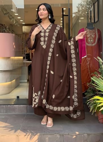 Image of ANNI Designer Women Embroidered Straight Kurta Palazzo Dupatta Set Rayon Viscose Kurti Pant Set Ladies Ethnic Wear for Office Festive Daily Use