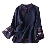 Chinese Traditional Suit Blouse Women Embroidery Cotton Linen Bell Long Sleeve Shirts Frog Button Tops Hanfu Cheongsam Navy
