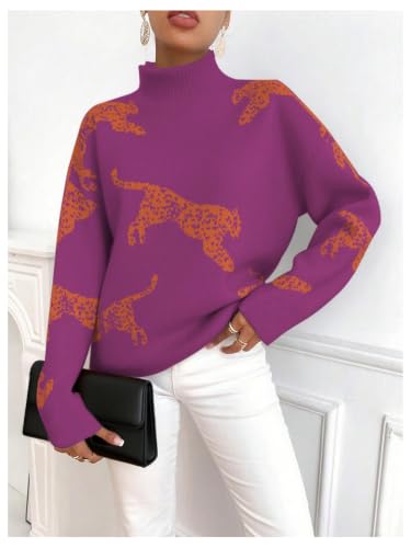 Image of WDIRARA Women's Leopard Tiger Print Sweater High Neck Long Sleeve Fuzzy Knitted Pullover Top