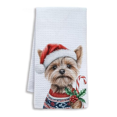 Image of Christmas Funny Yorkshire Terrier Kitchen Towels, Yorkie Gifts for Women Men Dish Tea Towels, Funny Candy Cane Yorkie Decorative Hand Towel for Bathroom Decor, 16x24 Inch