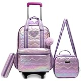 HTgroce Violet Cartable a Roulette Fille, 3 en 1 Cartable Fille 16 inch Sac  Dos  roulettes Fille Comprend Un Sac  Lunch et Un tui  Crayons