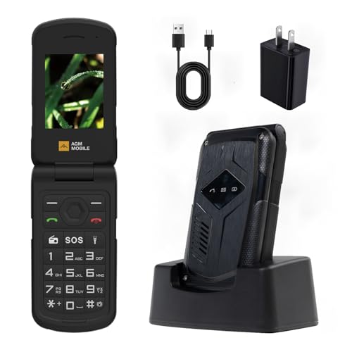 AGM M10 Flip Phone, 4G LTE Unlocked - T-Mobile Compatible, Dual SIM, IP68 Waterproof/Drop-Proof, Large Buttons & Font, 98dB Speaker, Quick Essentials, Basic Cell Phone with Charging Dock Pho