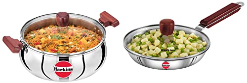 Image of Hawkins 5 Litre Cook n Serve Handi with Glass Lid & Tri-Ply Stainless Steel Induction Compatible Frying Pan with Glass Lid