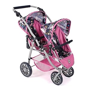 Bayer Chic 2000 Puppenwagen Vario, Zwillingsbuggy für Zwei Puppen, Tandem-Puppenwagen für Kinder von 4 bis 8 Jahren, Einhorn, Navy-pink, 689-43