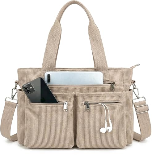 Image of Corduroy Tote Bag for Women with Pockets,Large Crossbody Purse for Laptop,Work,College,Everyday,Travel