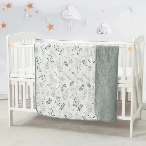 Image of CREVENT 40''X40'' 100% Organic Cotton Muslin Baby Blanket for Newborns, Essential for Baby Shower Birthday Gift - Green Leaves 100X100cm