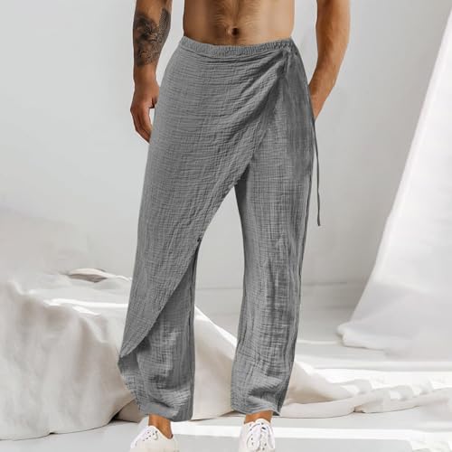 Cotton Linen Pants Mens Loose Casual Straight Legs Beach Yoga Pants Comfy Soft Trousers with Elastic Waist Drawstring2
